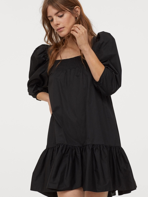 

H&M Women Black Solid Puff-Sleeved Cotton Dress