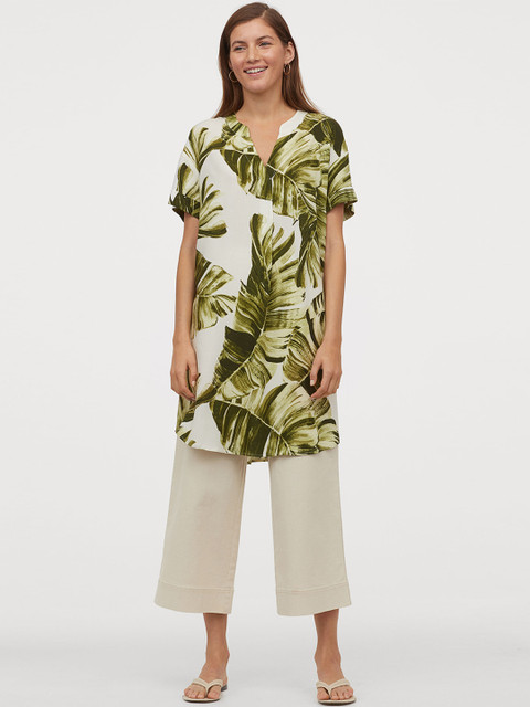 

H&M Women Green & Off-White Printed V-Neck Dress