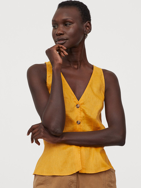 

H&M Women Yellow Solid V-neck Linen Blouse