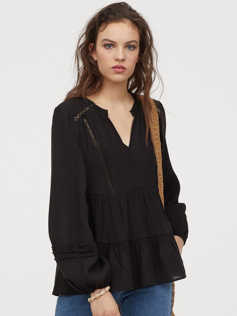 

H&M Women Black Lace-Trimmed Crinkled Blouse