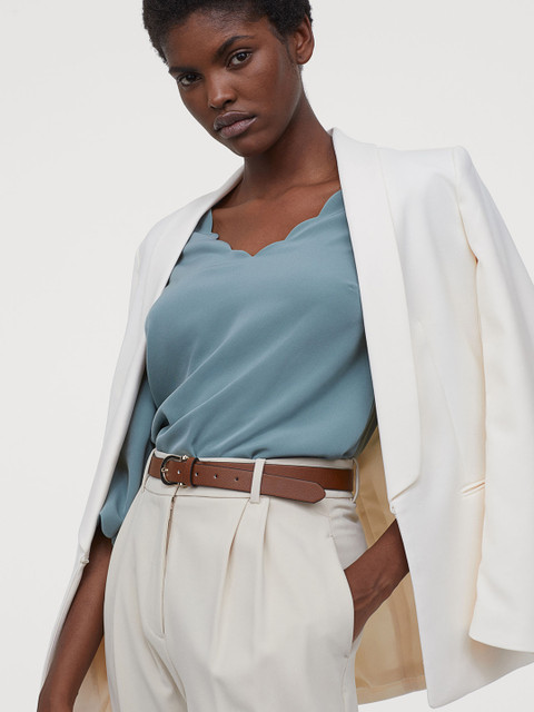 

H&M Women Teal Blue Solid Scallop-Trimmed Blouse