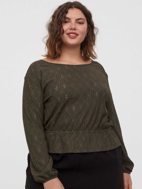 

H&M+ Women Green Embroidered Jersey Top