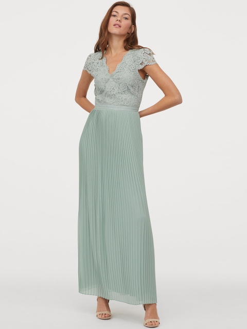

H&M Women Green Self Design Pleated Long Dress