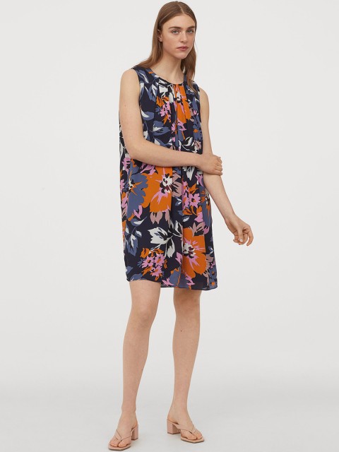 

H&M Women Navy Blue & Orange Printed A-line Dress