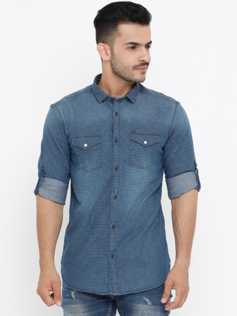 

WITH Men Blue Slim Fit Solid Casual Denim Shirt