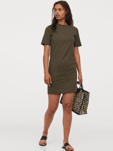 

H&M Women Olive Green Solid Cotton T-shirt Dress
