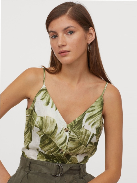 

H&M Women White & Green Printed Linen Top