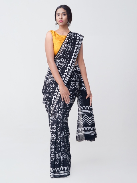 

Unnati Silks Black Pure Cotton Printed Kota Handloom Saree
