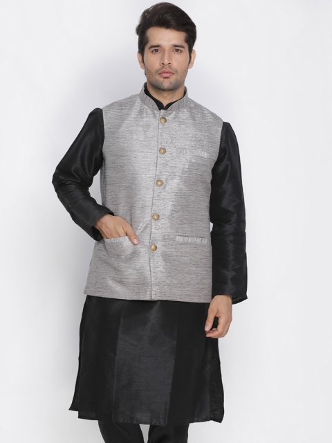 

VASTRAMAY Men Grey Self-Design Handloom Woven Nehru Jacket