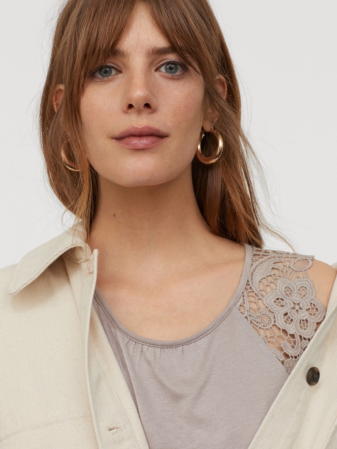 

H&M Women Grey Lace-Trimmed Jersey Top