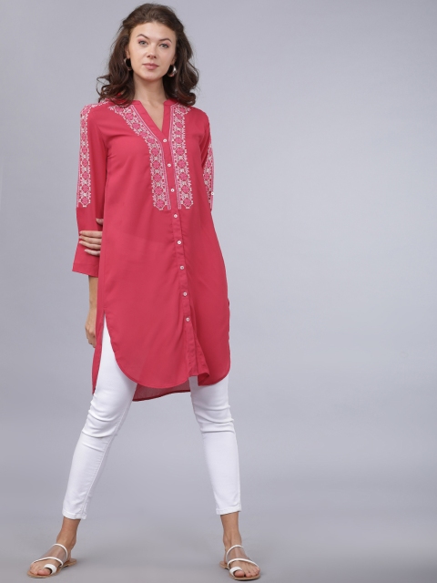 

Folklore Pink Embroidered Mandarin Collar Regular Longline Top