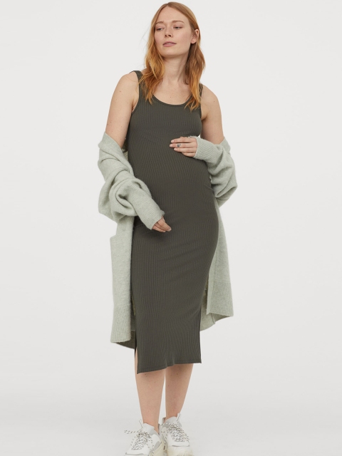 

H&M Women Olive Green Solid MAMA Ribbed Jersey Dress