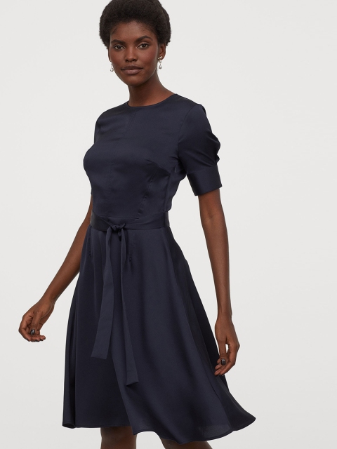 

H&M Women Navy Blue Solid Tie-Belt Dress