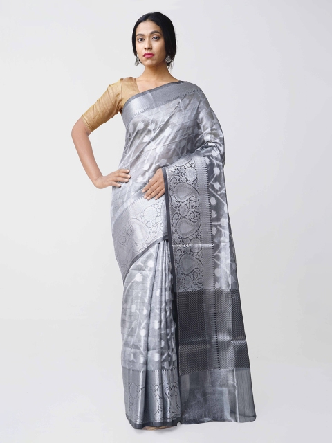 

Unnati Silks Women Silver Silk Cotton Woven Design Banarasi Handloom Saree