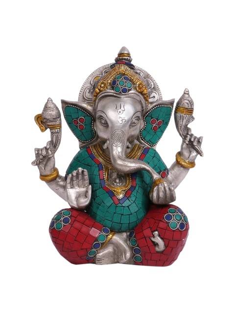 

CraftVatika Silver-Toned & Turquoise Blue Handcrafted Brass Lord Taj Ganesha Idol