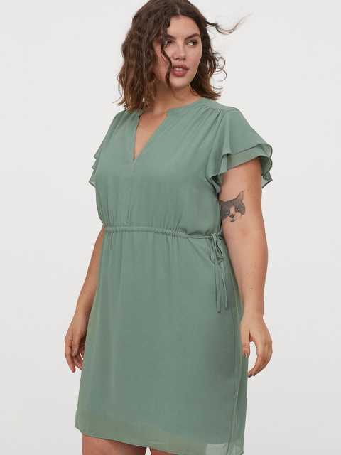 

H&M Plus Women Green Solid Flutter-Sleeved Dress