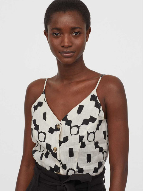 

H&M Women Beige & Black Printed Linen Top