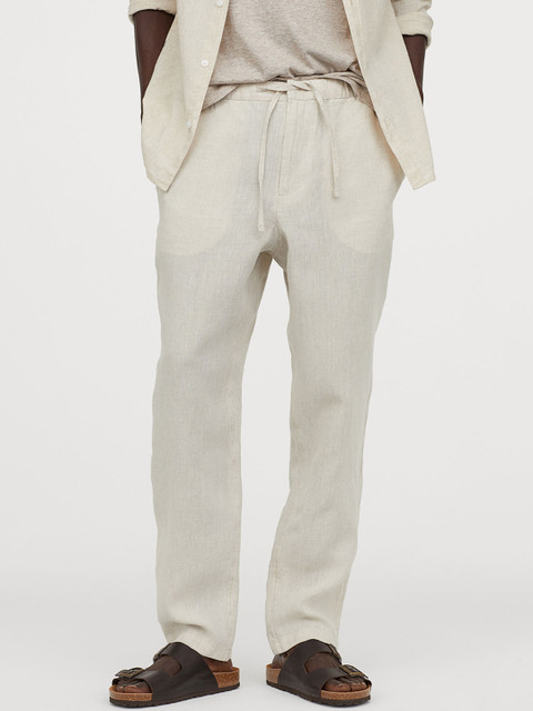 

H&M Men Beige Solid Linen Trousers Relaxed Fit