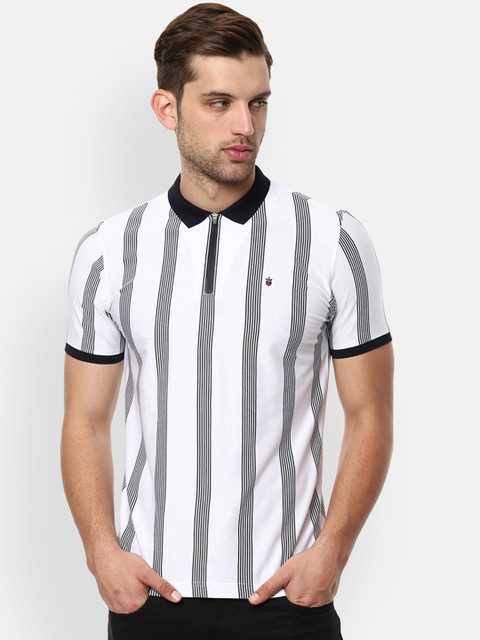 

Louis Philippe Jeans Men White Black Striped Polo Collar Pure Cotton T-shirt