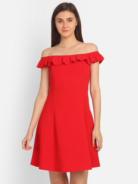 

COVER STORY Women Red Solid Fit and Flare Off-Shoulder Dress