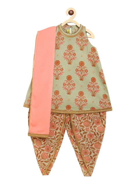 

Tiber Taber Girls Olive Green & Orange Printed Kurta with Dhoti Pants & Dupatta