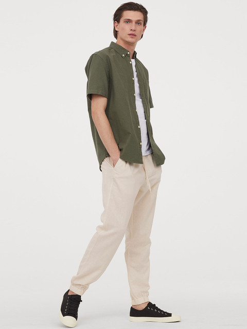 

H&M Men Beige Linen-Blend Joggers