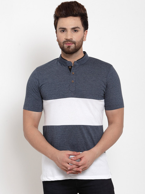 

Kalt Men White & Navy Blue Colourblocked Mandarin Collar T-shirt