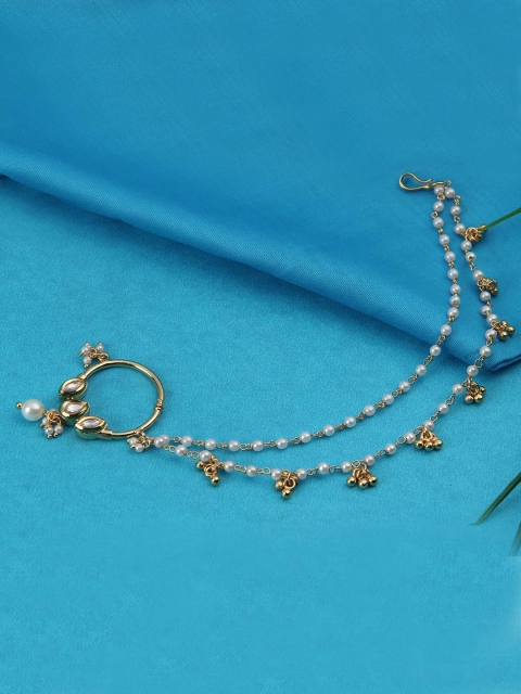 

Adwitiya Collection 24K Gold-Plated White Kundan-Studded Nosepin With Chain