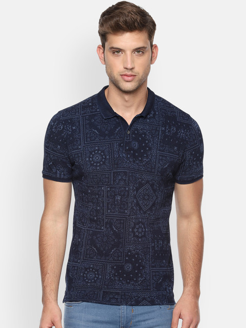 

Louis Philippe Jeans Men Navy Blue Printed Polo Collar Pure Cotton T-shirt