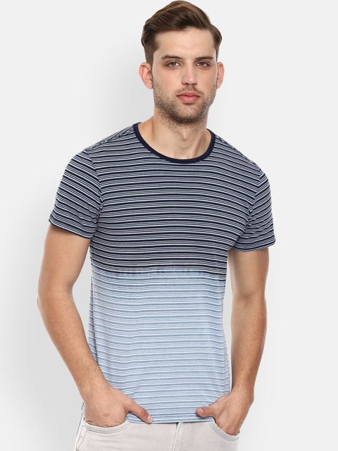 

Louis Philippe Jeans Men Navy Blue Blue Striped Round Neck Pure Cotton T-shirt
