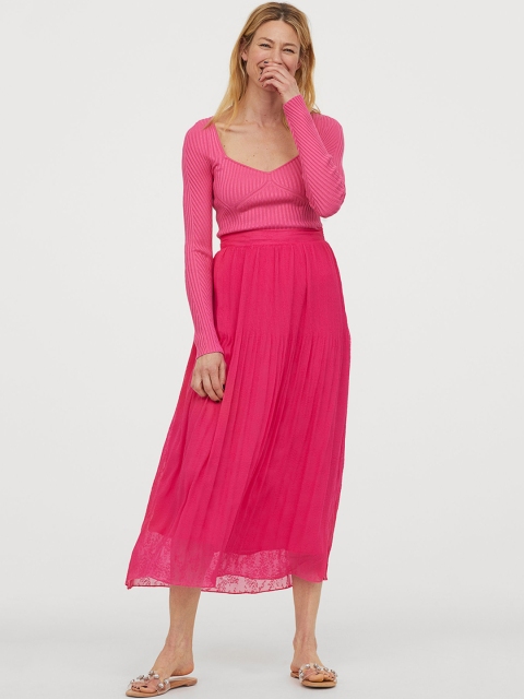 

H&M Women Pink Flared Pleated Skirt