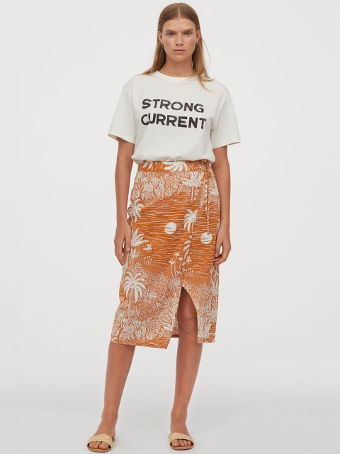 

H&M Women Orange & White Printed Linen-Blend Wrap Skirt