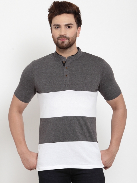 

Kalt Men Grey & White Colourblocked Mandarin Collar T-shirt