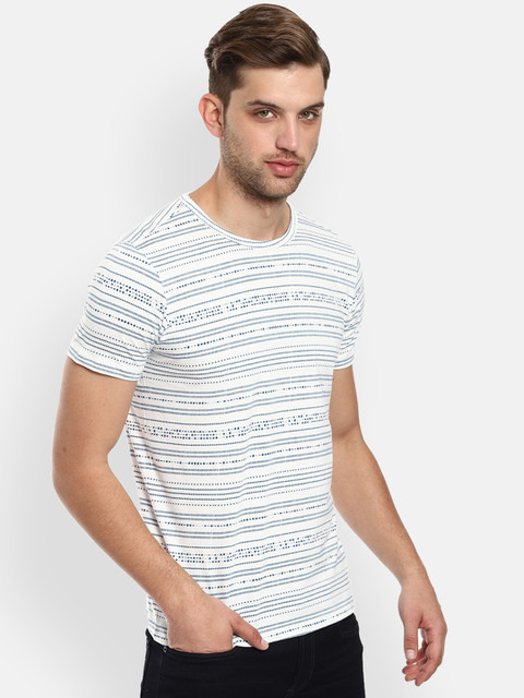 

Louis Philippe Jeans Men White Striped Round Neck T-shirt