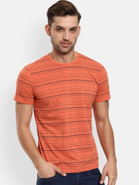 

Louis Philippe Jeans Men Orange Black Striped Round Neck Pure Cotton T-shirt