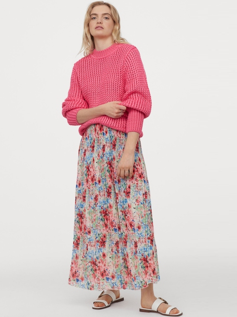 

H&M Women Pink & Blue Floral Printed Pleated Skirt
