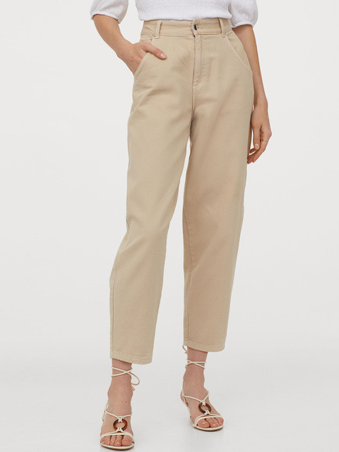 

H&M Women Beige Solid Cropped-Length Twill Trousers