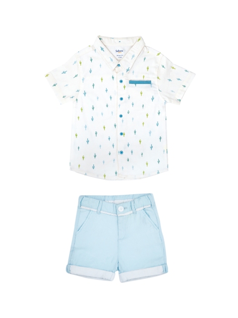 

Softsens Boys White & Blue Printed Organic Cotton Sustainable Shirt with Shorts