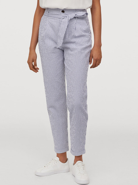

H&M Women Blue & White Striped Paper Bag Trousers