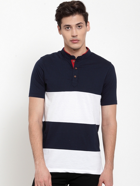 

Kalt Men Navy Blue & White Colourblocked Mandarin Collar T-shirt