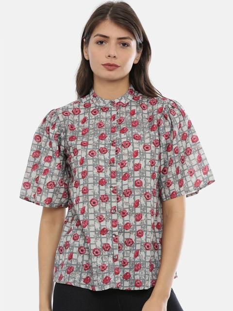 

IDK Women Grey & Pink Floral Printed Shirt Style Top
