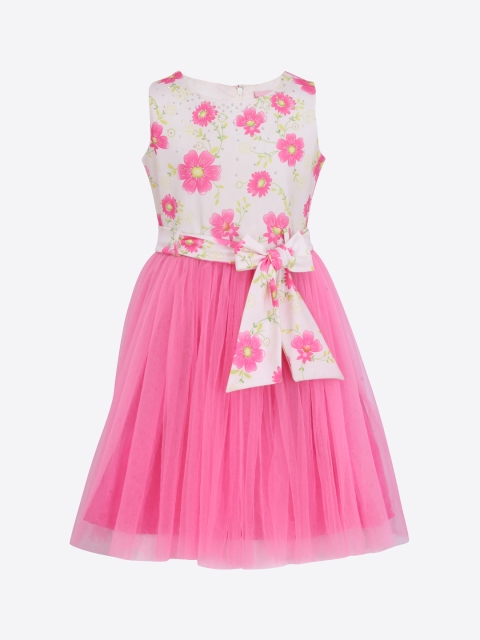 CUTECUMBER Girls Pink & Off-White Colourblocked Fit and Flare Dress