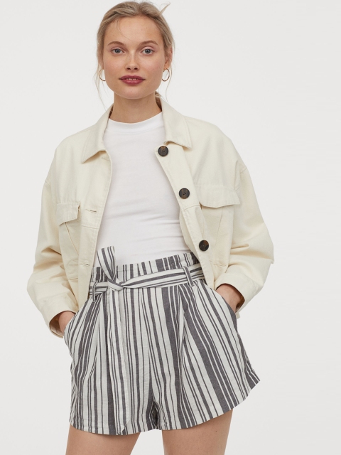 

H&M Women White And Grey Striped Paper Bag Shorts