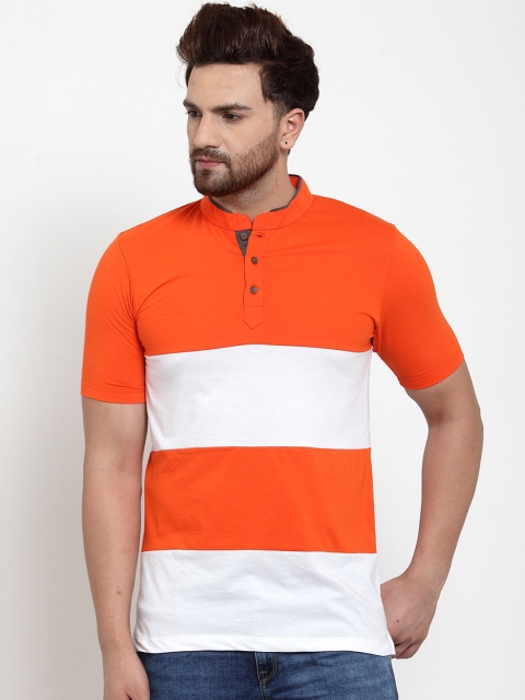 

Kalt Men Orange & White Colourblocked Mandarin Collar T-shirt
