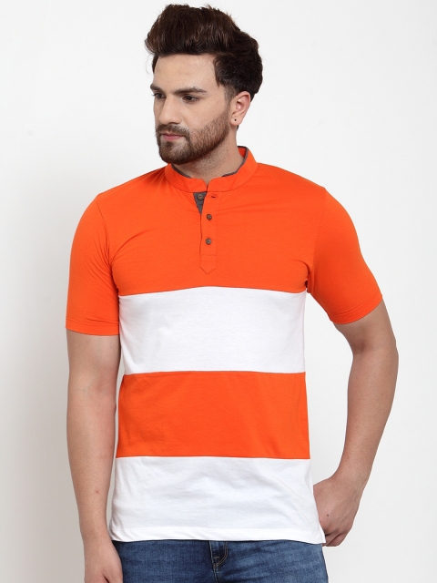 

Kalt Men Orange & White Striped Mandarin Collar T-shirt