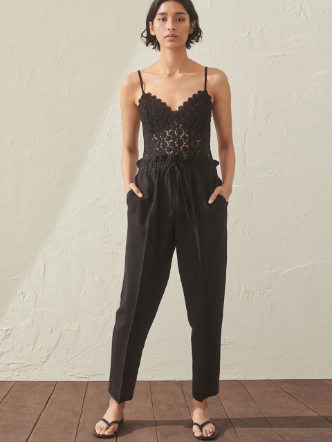 

H&M Women Pull-On Linen-Blend Trousers, Black