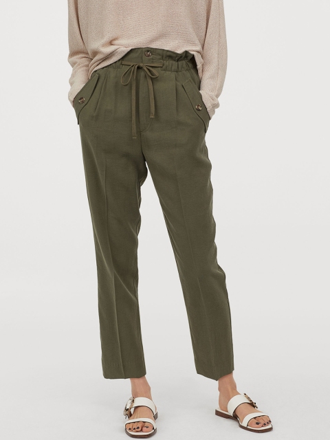 

H&M Women Olive Green Solid Ankle-Length Trousers