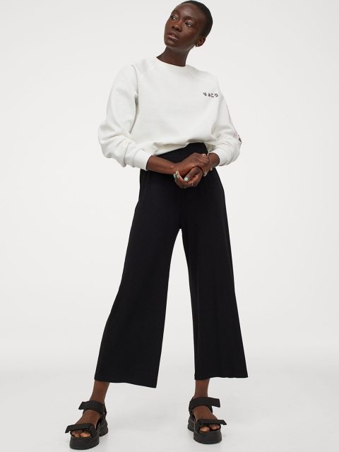 

H&M Women Black Solid Ribbed Trousers