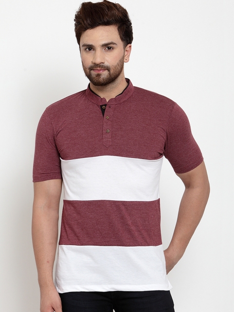 

Kalt Men Maroon & White Colourblocked Mandarin Collar T-shirt