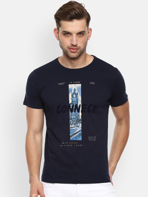 

Louis Philippe Jeans Men Navy Blue Printed Round Neck Slim Fit Pure Cotton T-shirt
